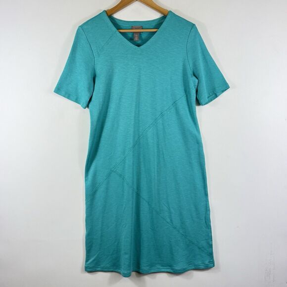 Chico's Aqua Blue Slub Knit A-Line Raw Seam Short Sleeve Dress Women's 0 Small 4 - Picture 1 of 5